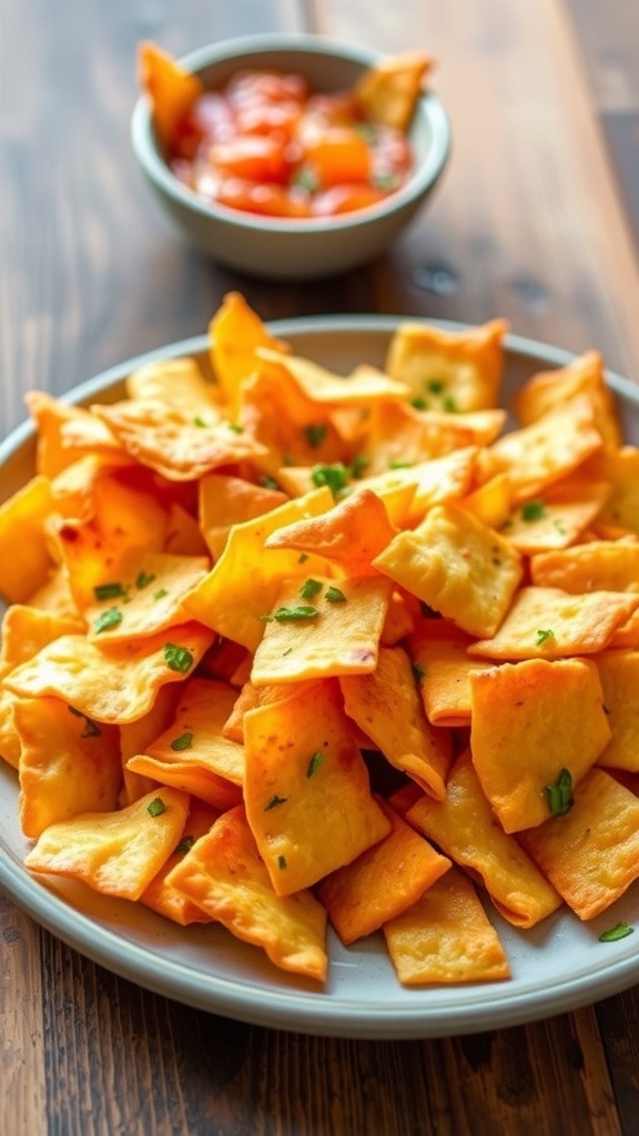 A plate of crispy keto chips made from cheese, served with a bowl of salsa on a wooden table.